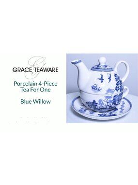 Grace Teaware Blue Willow Tea for One Set – 4‑Piece Porcelain Teapot Cup Saucer